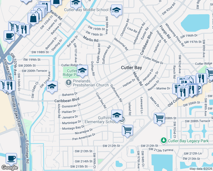 map of restaurants, bars, coffee shops, grocery stores, and more near 9821 Dominican Drive in Cutler Bay