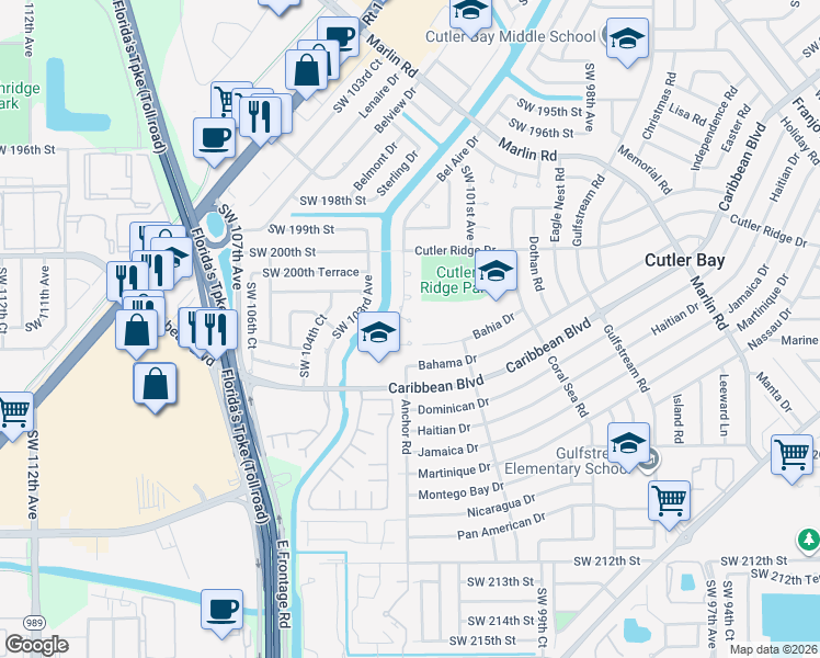 map of restaurants, bars, coffee shops, grocery stores, and more near 10195 Southwest 203rd Terrace in Cutler Bay