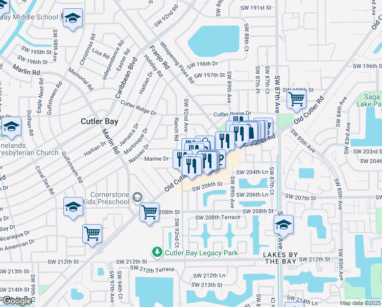 map of restaurants, bars, coffee shops, grocery stores, and more near 9110 Southwest 203rd Terrace in Cutler Bay