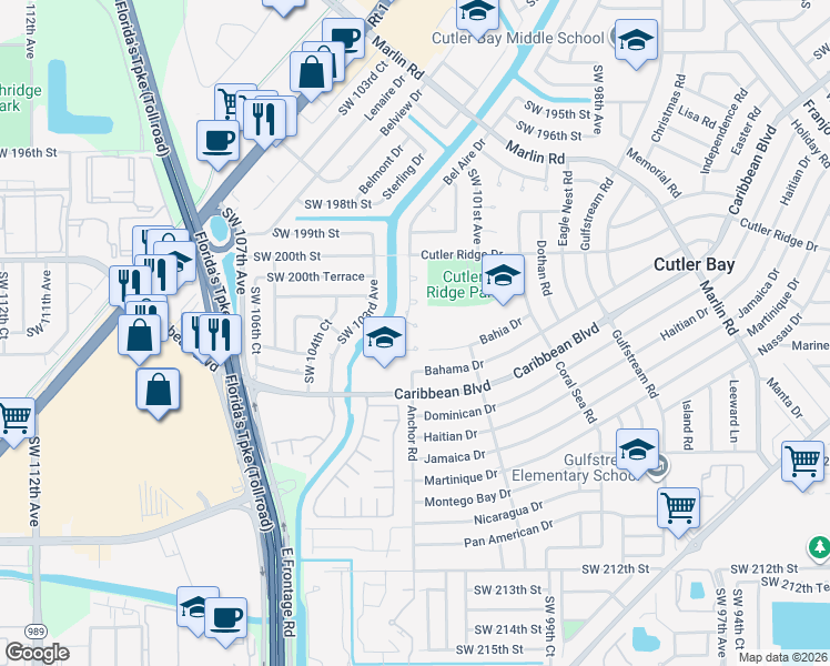 map of restaurants, bars, coffee shops, grocery stores, and more near 10195 Southwest 203rd Terrace in Cutler Bay