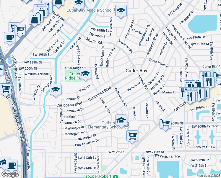 map of restaurants, bars, coffee shops, grocery stores, and more near 9820 Caribbean Boulevard in Cutler Bay
