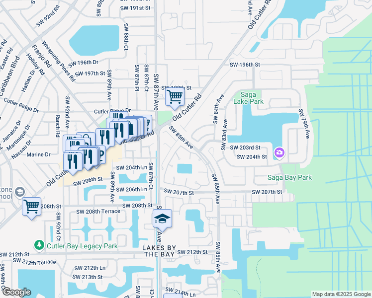 map of restaurants, bars, coffee shops, grocery stores, and more near 20276 Southwest 85th Avenue in Cutler Bay