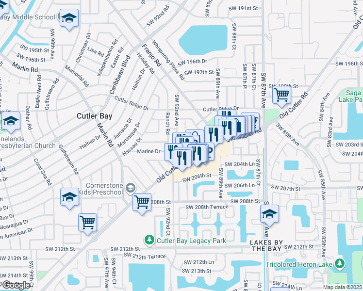 map of restaurants, bars, coffee shops, grocery stores, and more near 9110 Southwest 203rd Terrace in Cutler Bay