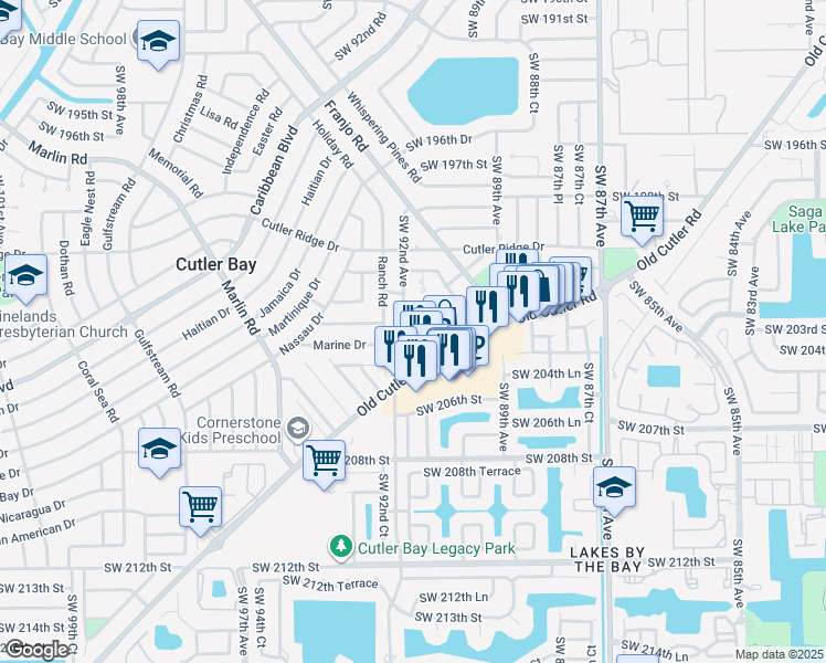map of restaurants, bars, coffee shops, grocery stores, and more near 9110 Southwest 203rd Terrace in Cutler Bay
