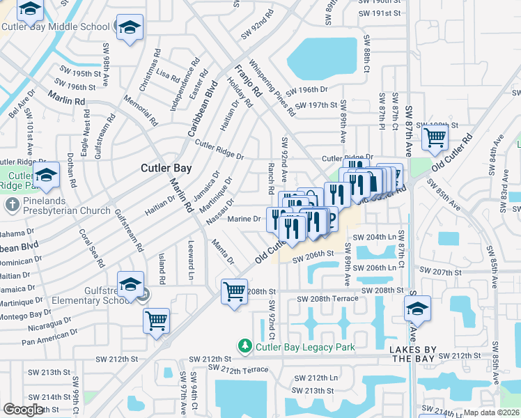 map of restaurants, bars, coffee shops, grocery stores, and more near 9260 Marine Drive in Cutler Bay