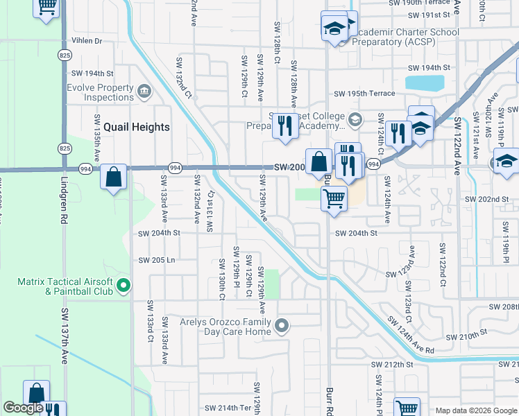 map of restaurants, bars, coffee shops, grocery stores, and more near 20367 Southwest 129th Court in Miami