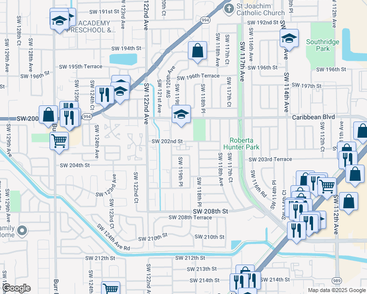 map of restaurants, bars, coffee shops, grocery stores, and more near 20301 Southwest 119th Avenue in Miami