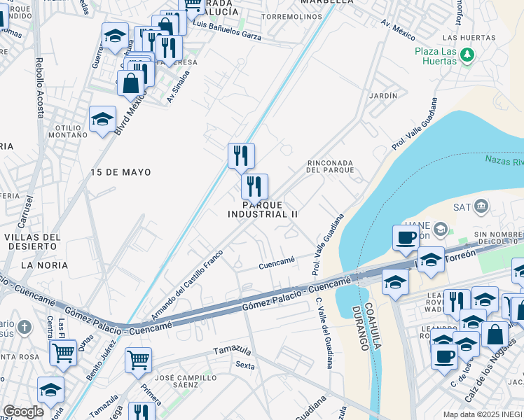 map of restaurants, bars, coffee shops, grocery stores, and more near in Torreon