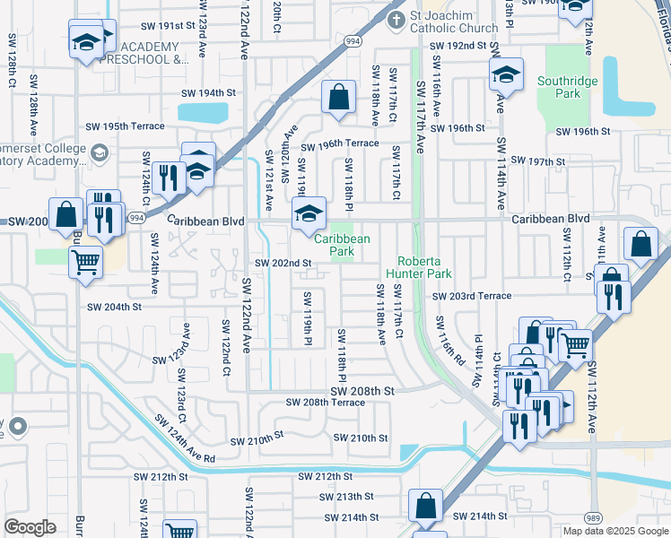 map of restaurants, bars, coffee shops, grocery stores, and more near 20200 Southwest 118th Place in Miami
