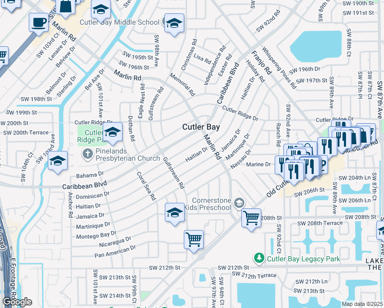 map of restaurants, bars, coffee shops, grocery stores, and more near 9630 Dominican Drive in Cutler Bay