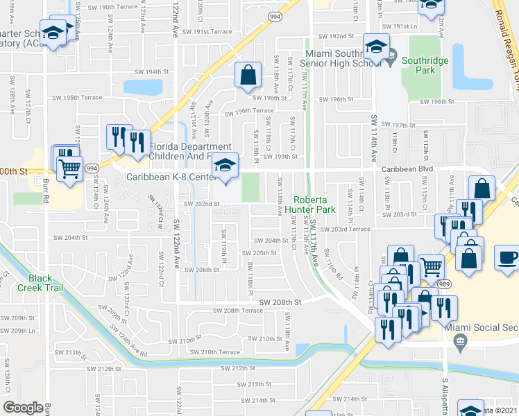 map of restaurants, bars, coffee shops, grocery stores, and more near 20124 Southwest 118th Court in Miami