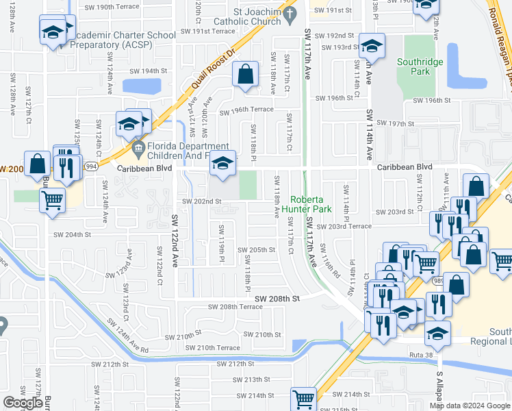 map of restaurants, bars, coffee shops, grocery stores, and more near 20124 Southwest 118th Court in Miami