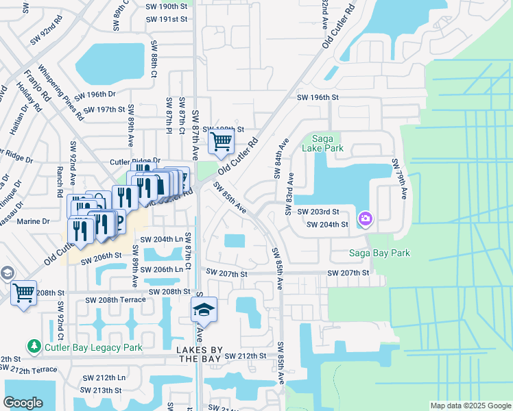 map of restaurants, bars, coffee shops, grocery stores, and more near 8431 Southwest 202nd Street in Cutler Bay