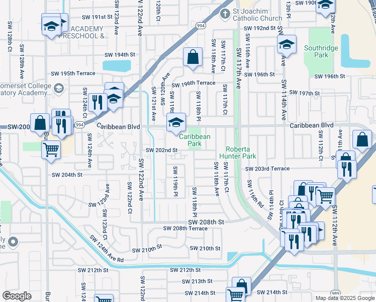 map of restaurants, bars, coffee shops, grocery stores, and more near 20200 Southwest 118th Place in Miami
