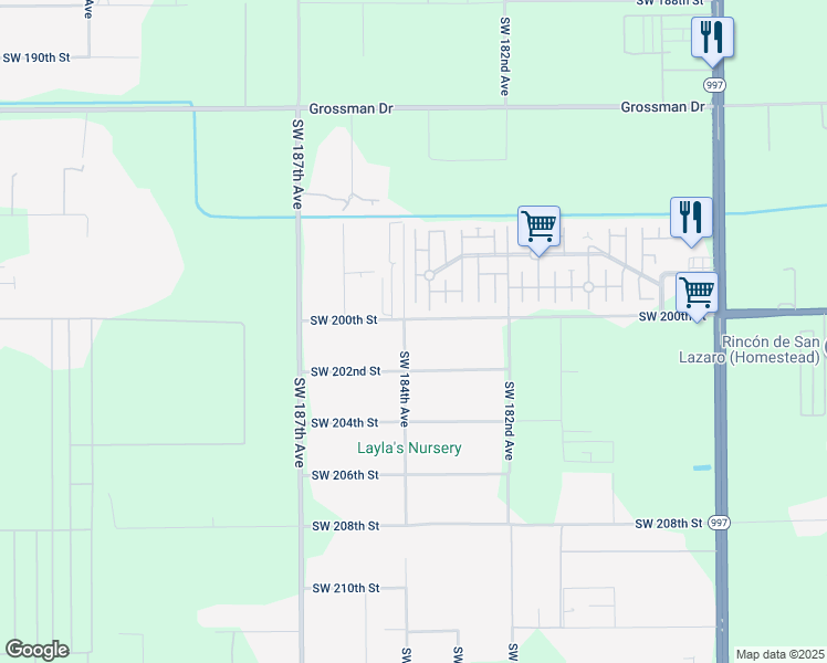 map of restaurants, bars, coffee shops, grocery stores, and more near 18390 Southwest 200th Street in Miami