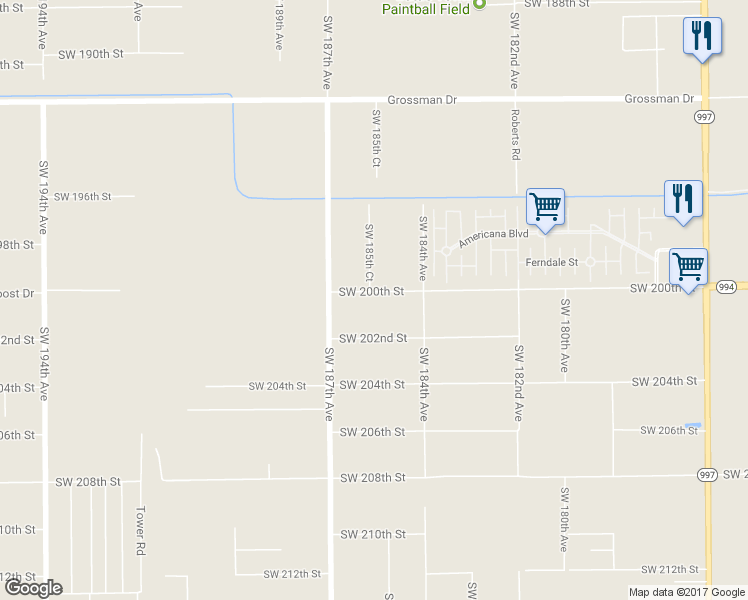 map of restaurants, bars, coffee shops, grocery stores, and more near 18500 Southwest 200th Street in Miami