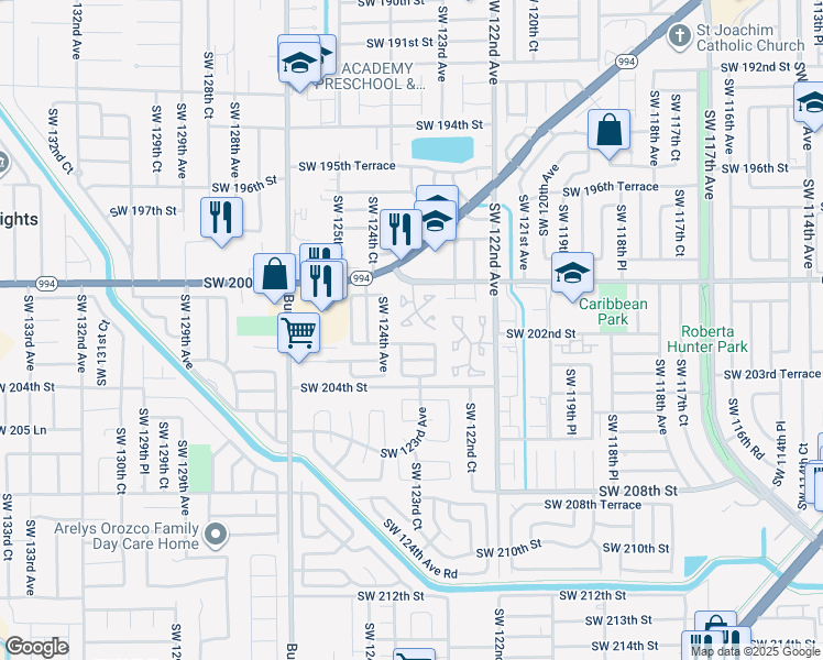 map of restaurants, bars, coffee shops, grocery stores, and more near 20152 Southwest 123rd Drive in Miami