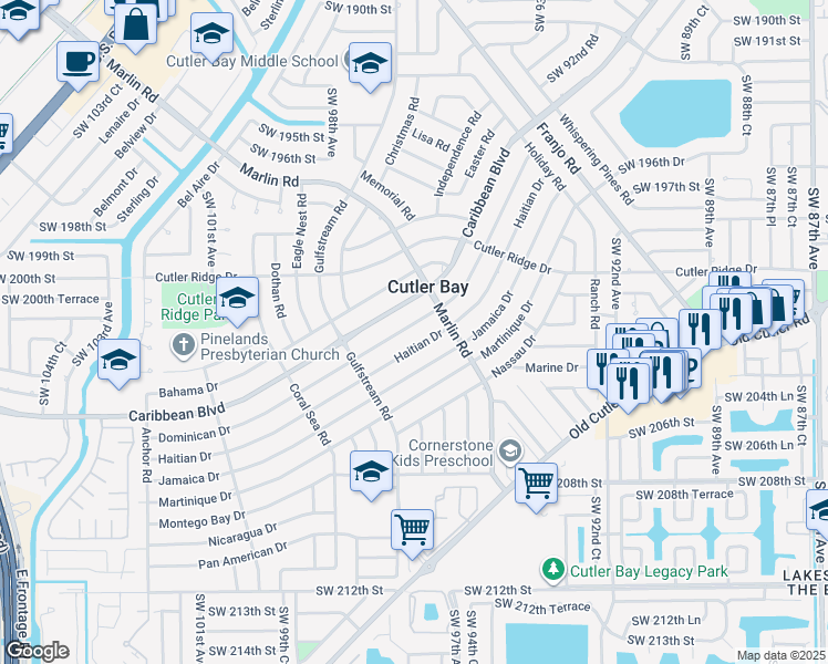 map of restaurants, bars, coffee shops, grocery stores, and more near 9630 Dominican Drive in Cutler Bay