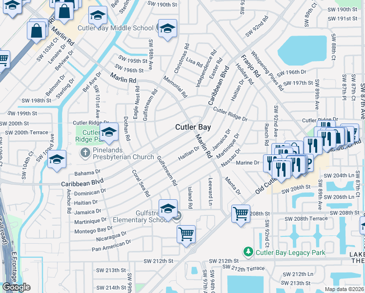map of restaurants, bars, coffee shops, grocery stores, and more near 9630 Dominican Drive in Cutler Bay