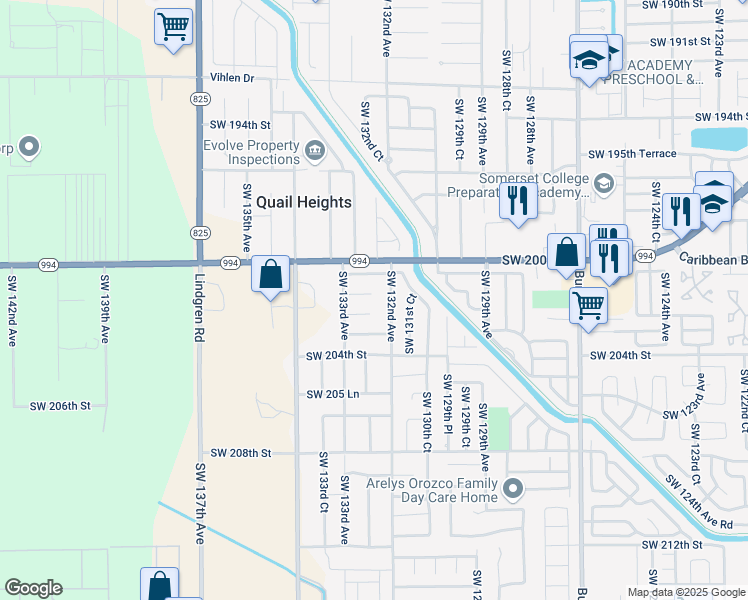 map of restaurants, bars, coffee shops, grocery stores, and more near 13236 SW 201st Terrace in Miami