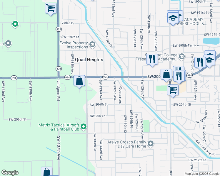 map of restaurants, bars, coffee shops, grocery stores, and more near 13236 Southwest 201st Terrace in Miami