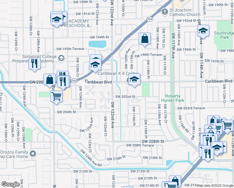 map of restaurants, bars, coffee shops, grocery stores, and more near 20105 Southwest 122nd Avenue in Miami