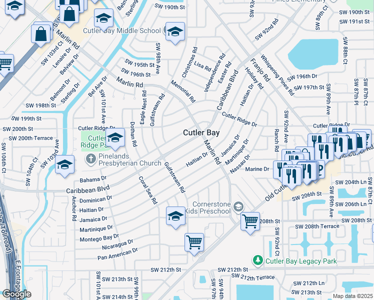 map of restaurants, bars, coffee shops, grocery stores, and more near 9655 Dominican Drive in Cutler Bay