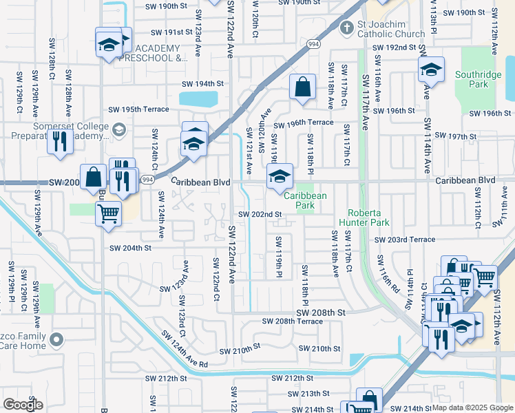 map of restaurants, bars, coffee shops, grocery stores, and more near 20105 Southwest 122nd Avenue in Miami