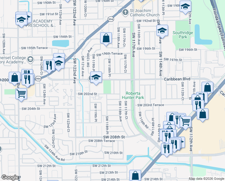 map of restaurants, bars, coffee shops, grocery stores, and more near 20124 Southwest 118th Court in Miami