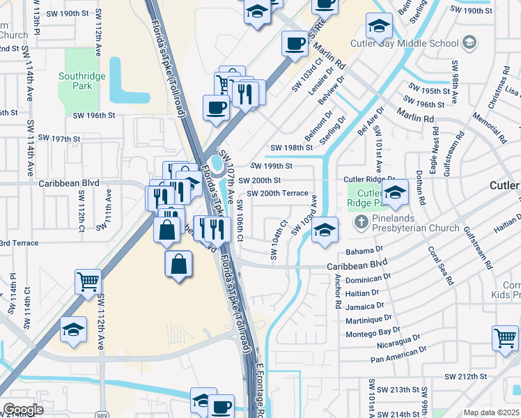 map of restaurants, bars, coffee shops, grocery stores, and more near 10510 Southwest 201st Terrace in Cutler Bay