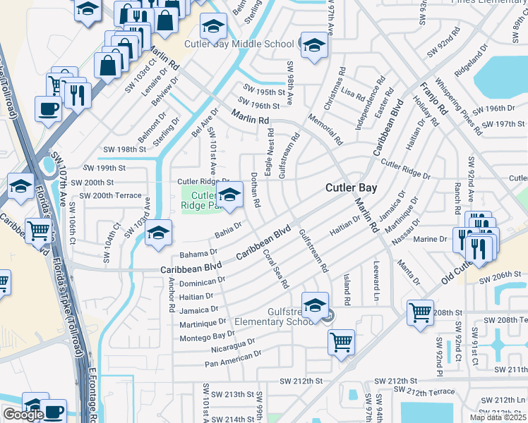 map of restaurants, bars, coffee shops, grocery stores, and more near 20131 Dothan Road in Cutler Bay