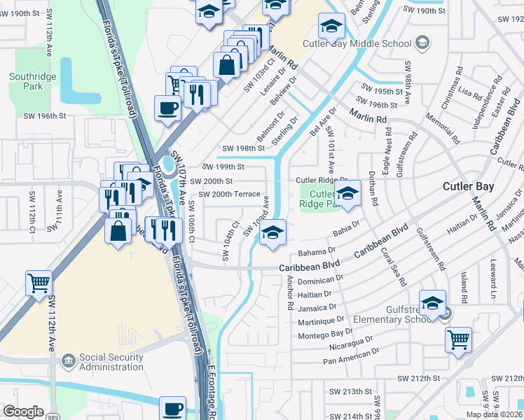map of restaurants, bars, coffee shops, grocery stores, and more near 10350 Southwest 201st Terrace in Cutler Bay