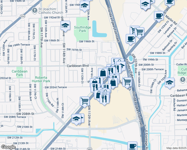 map of restaurants, bars, coffee shops, grocery stores, and more near 20121 Southwest 111th Avenue in Cutler Bay