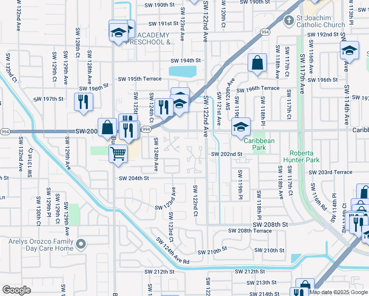 map of restaurants, bars, coffee shops, grocery stores, and more near 12264 Southwest 201st Terrace in Miami