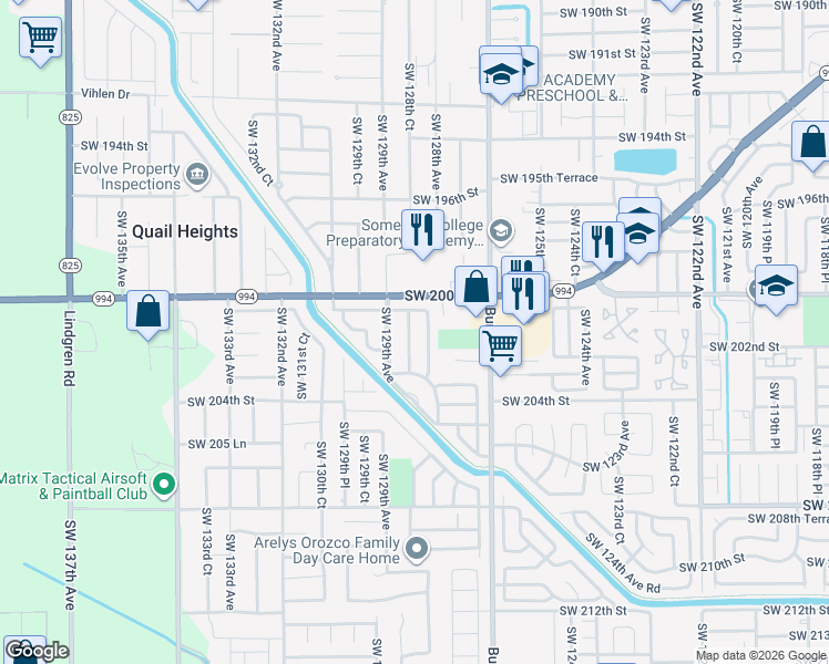 map of restaurants, bars, coffee shops, grocery stores, and more near 20113 Southwest 128th Place in Miami