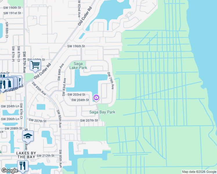 map of restaurants, bars, coffee shops, grocery stores, and more near 20155 Southwest 79th Court in Cutler Bay