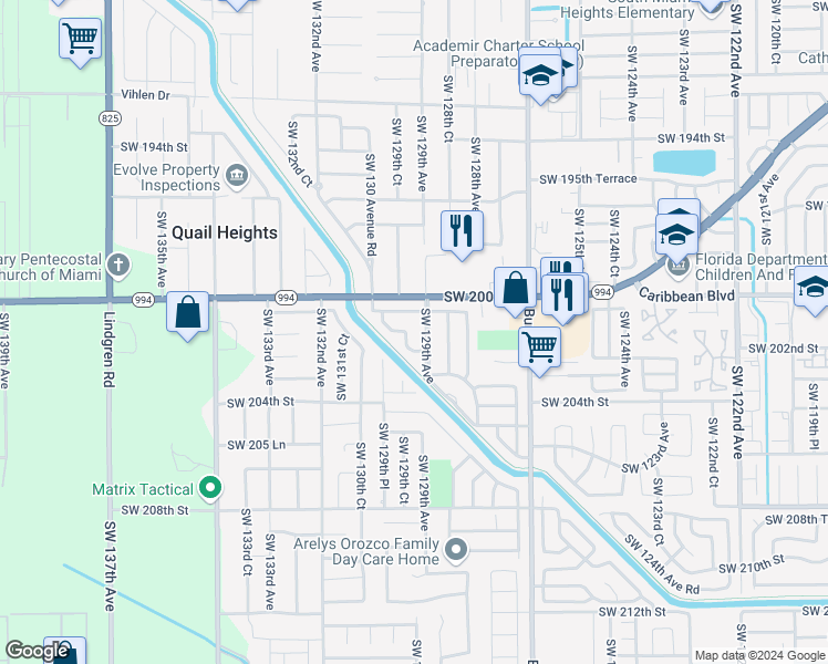 map of restaurants, bars, coffee shops, grocery stores, and more near 20117 Southwest 129th Court in Miami