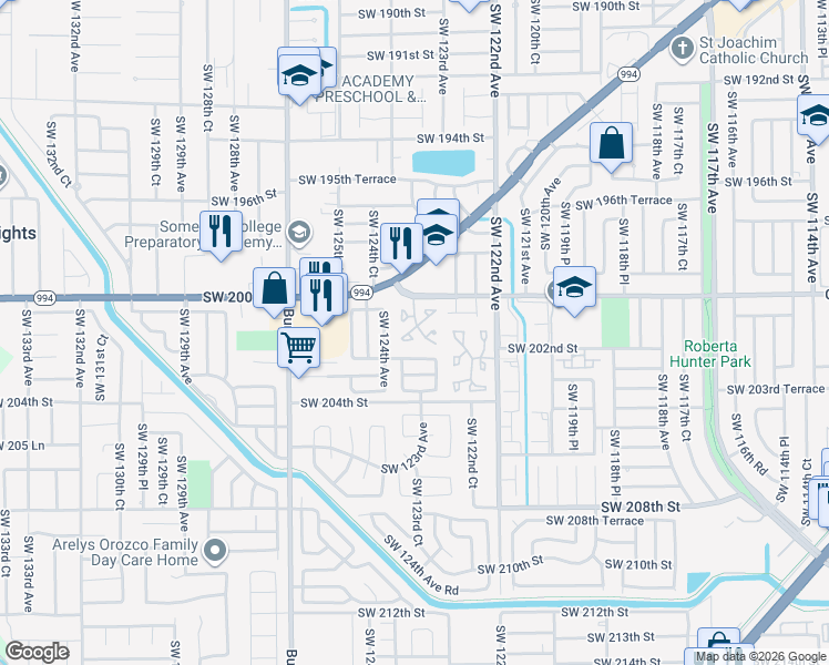 map of restaurants, bars, coffee shops, grocery stores, and more near 20152 Southwest 123rd Drive in Miami