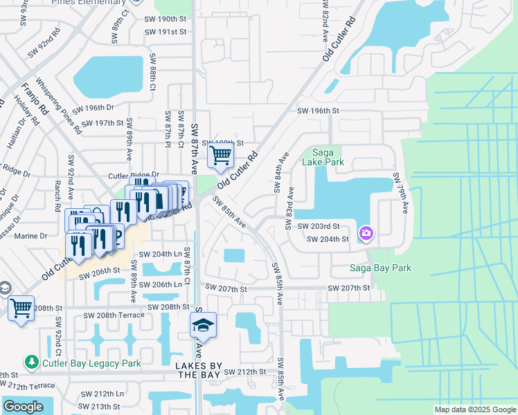 map of restaurants, bars, coffee shops, grocery stores, and more near 8431 Southwest 202nd Street in Cutler Bay