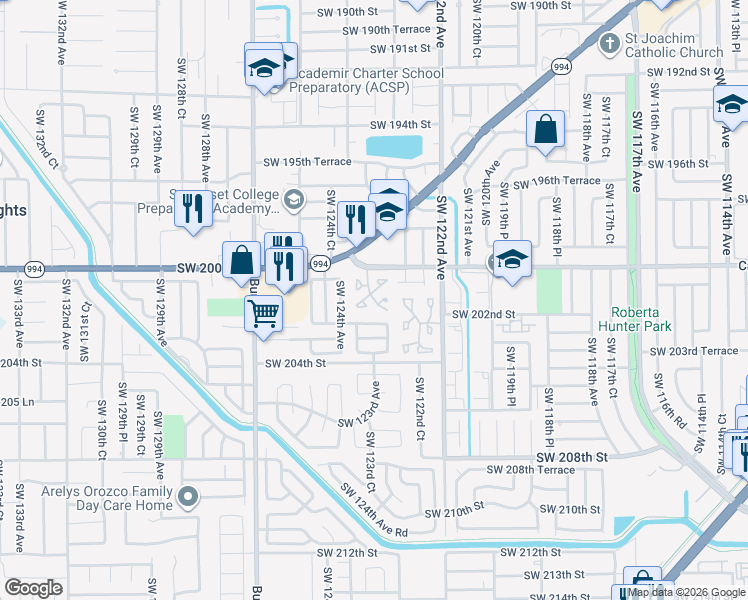map of restaurants, bars, coffee shops, grocery stores, and more near 20152 Southwest 123rd Drive in Miami