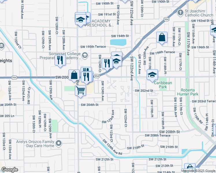map of restaurants, bars, coffee shops, grocery stores, and more near 20152 Southwest 123rd Drive in Miami