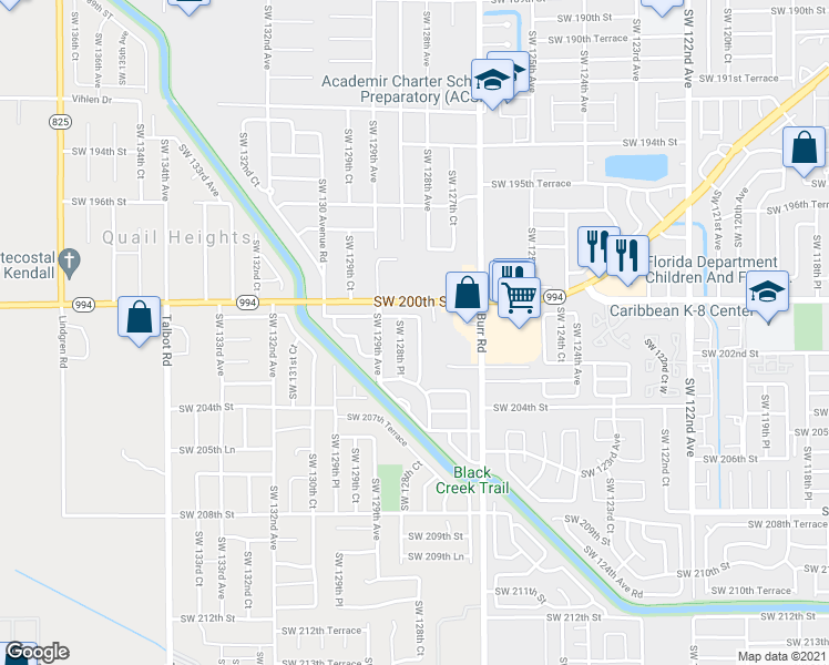 map of restaurants, bars, coffee shops, grocery stores, and more near 20072 Southwest 128th Court in Miami
