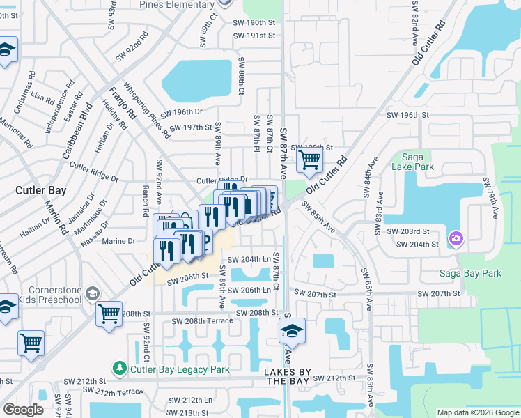 map of restaurants, bars, coffee shops, grocery stores, and more near 20191 Old Cutler Road in Cutler Bay