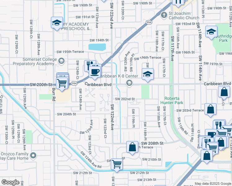 map of restaurants, bars, coffee shops, grocery stores, and more near 20105 Southwest 122nd Avenue in Miami