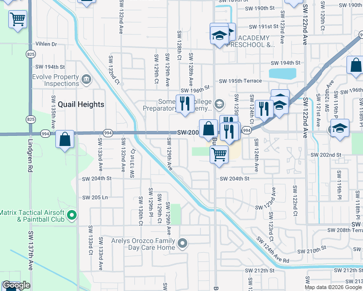 map of restaurants, bars, coffee shops, grocery stores, and more near 20073 Southwest 128th Place in Miami