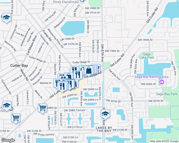 map of restaurants, bars, coffee shops, grocery stores, and more near 20191 Old Cutler Road in Cutler Bay