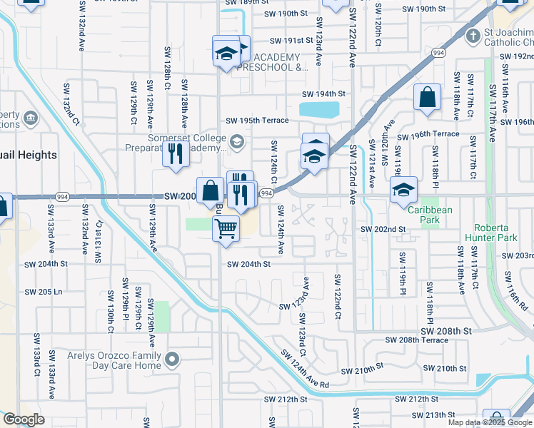 map of restaurants, bars, coffee shops, grocery stores, and more near 20126 Southwest 124th Court in Miami