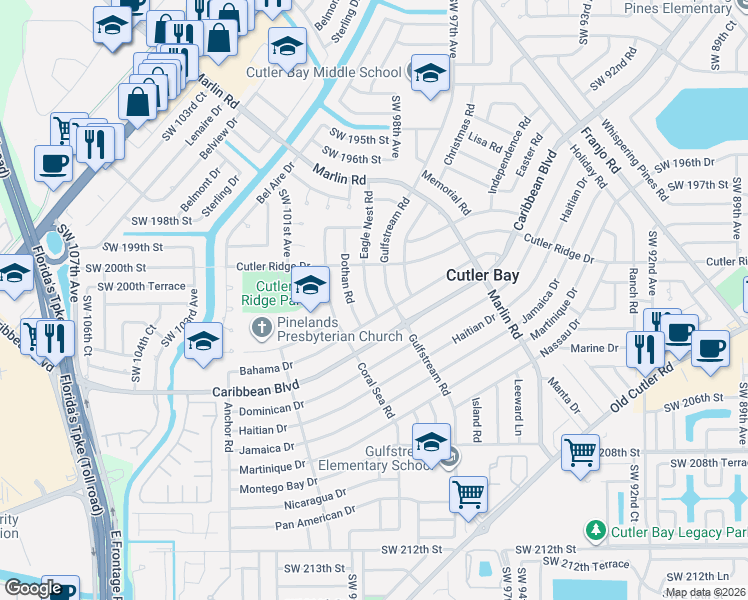 map of restaurants, bars, coffee shops, grocery stores, and more near 20111 Eagle Nest Road in Cutler Bay