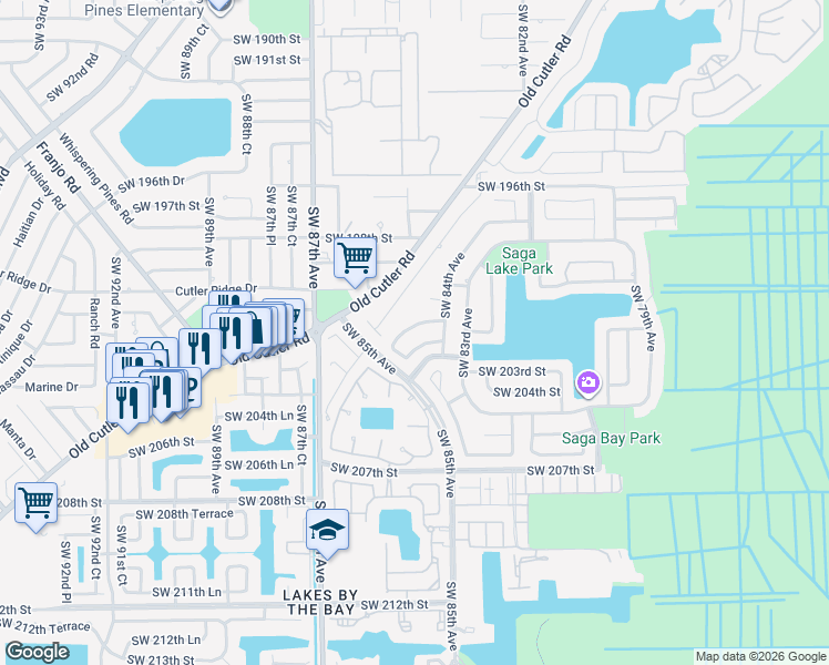 map of restaurants, bars, coffee shops, grocery stores, and more near 8431 Southwest 202nd Street in Cutler Bay