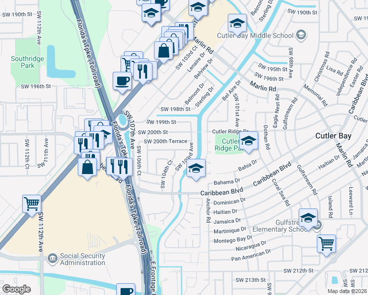 map of restaurants, bars, coffee shops, grocery stores, and more near 10350 Southwest 201st Terrace in Cutler Bay